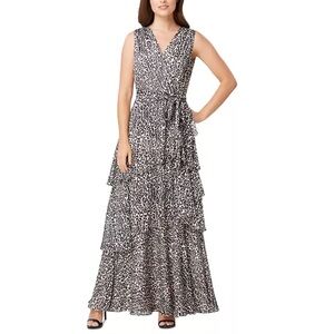 TAHARI ASL Leopard-Print Chiffon Tiered Ruffle Maxi Dress Gown Women's Size 4